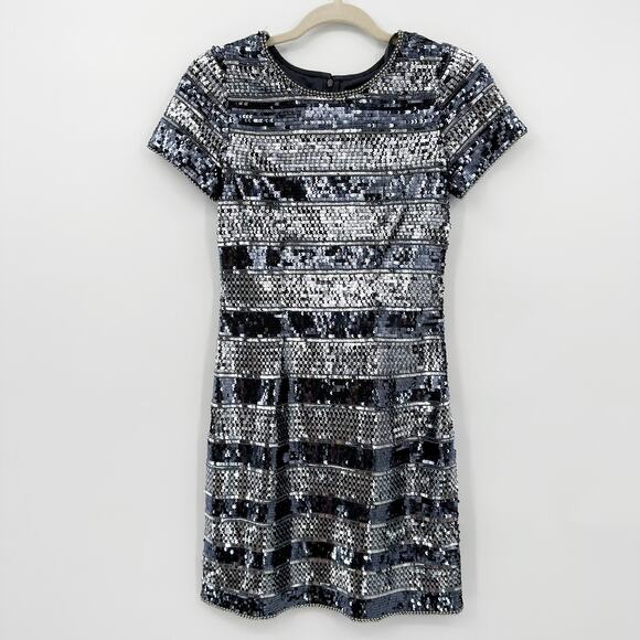 Aidan Mattox Striped Sequin Glitter Mini Cocktail Dress Blue Silver 2 - Picture 4 of 11